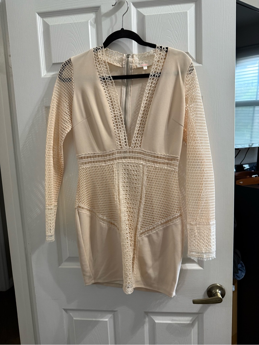 Luxxel Cream Crochet V-Neck Long Sleeve Mini Dress
